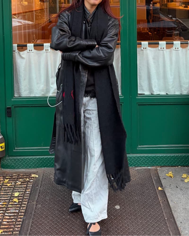 Vintage Black Leather Long Trench Coat - Image 2