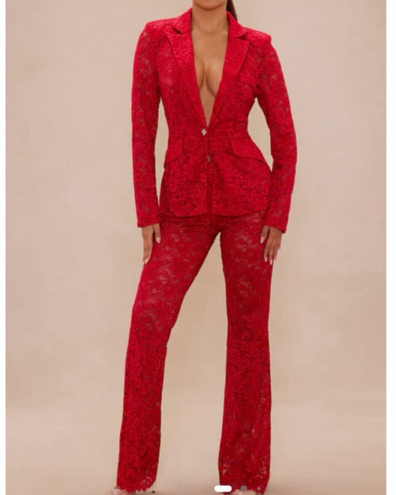 Red Lace Blazer/pants Matching Set Suit - Image 1