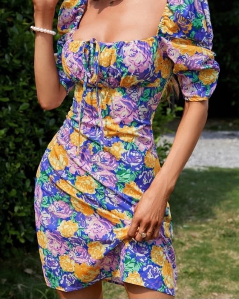 Vibrant Floral Puff Sleeve Dress - Image 1
