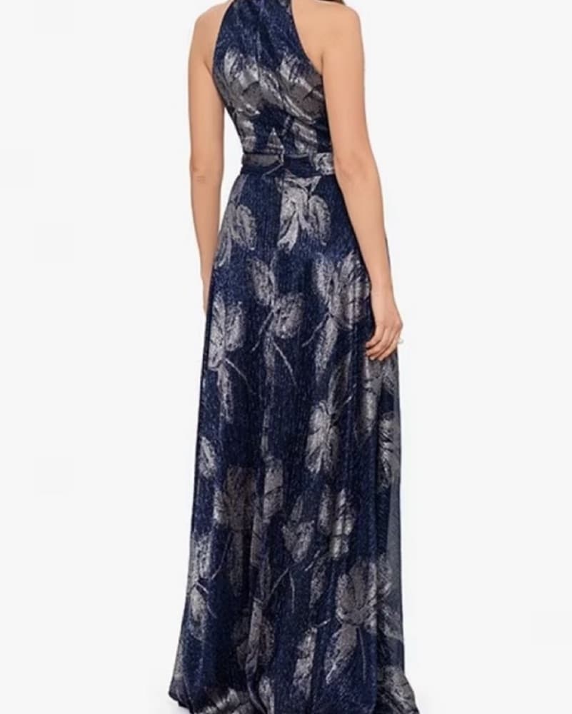 Aqua Formal Metallic Floral Foliage Gown - Image 2