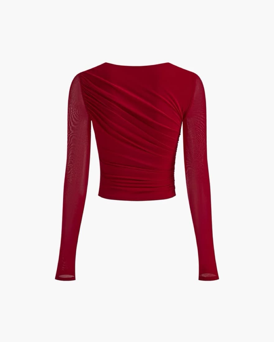 Elegant Red Mesh Sleeve Crop Top - Image 2