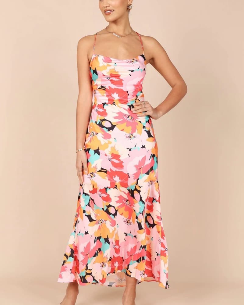 Pink Floral Satin Dress - Image 1