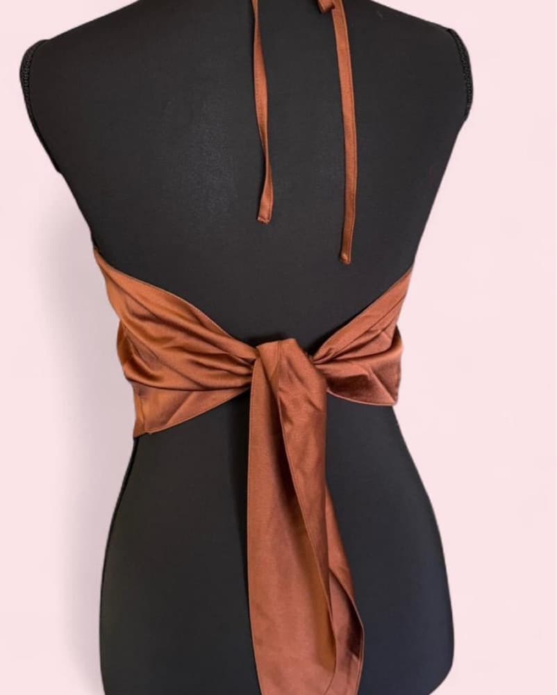 Brown Satin Halter Tie Top - Image 3
