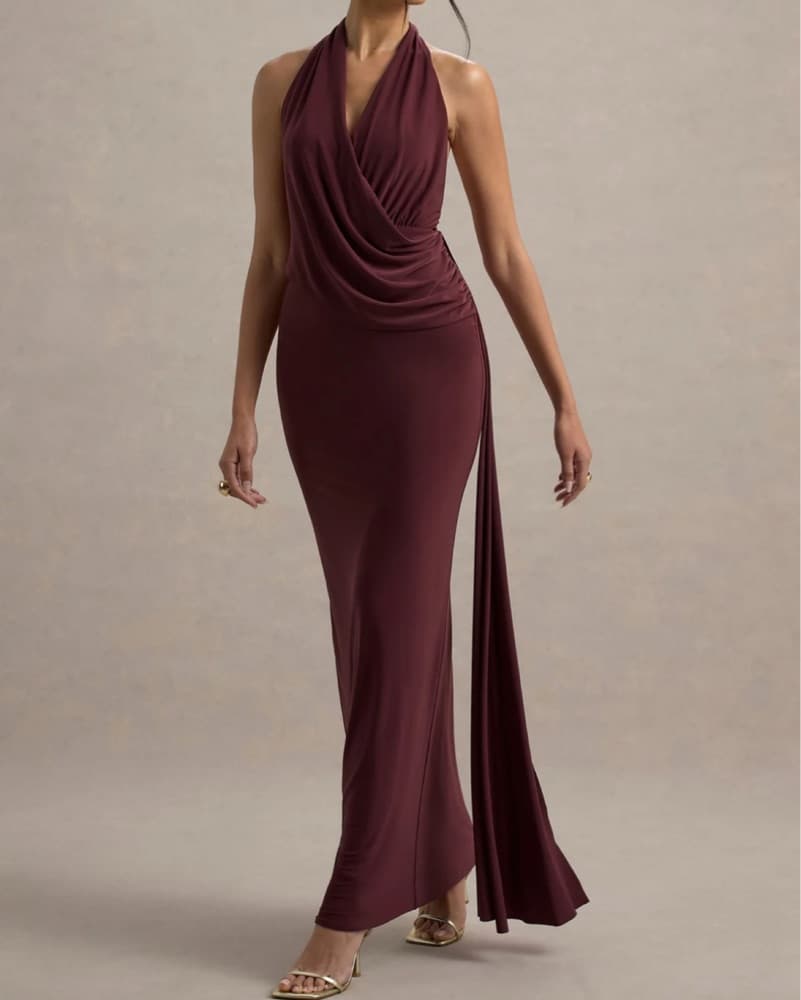 Burgundy halter draped maxi dress - Image 5