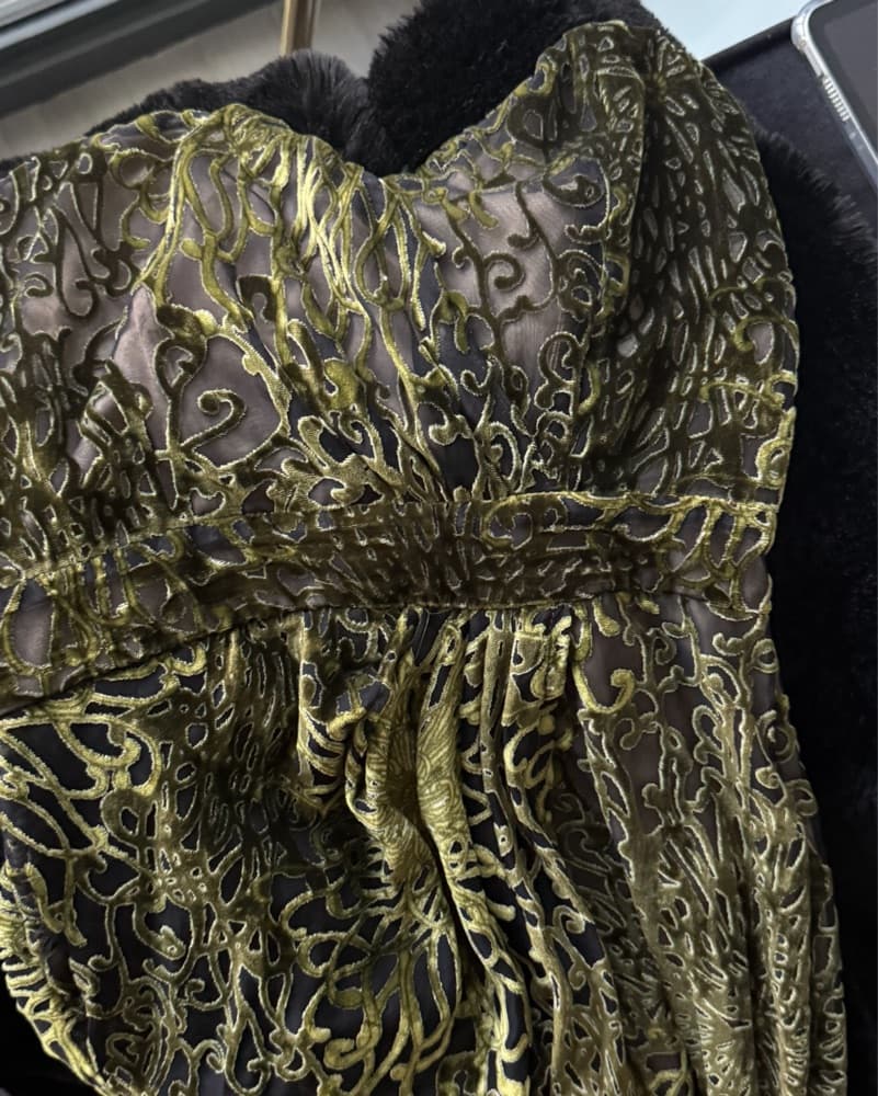 Green Velvet Strapless Printed Gown  - Image 3