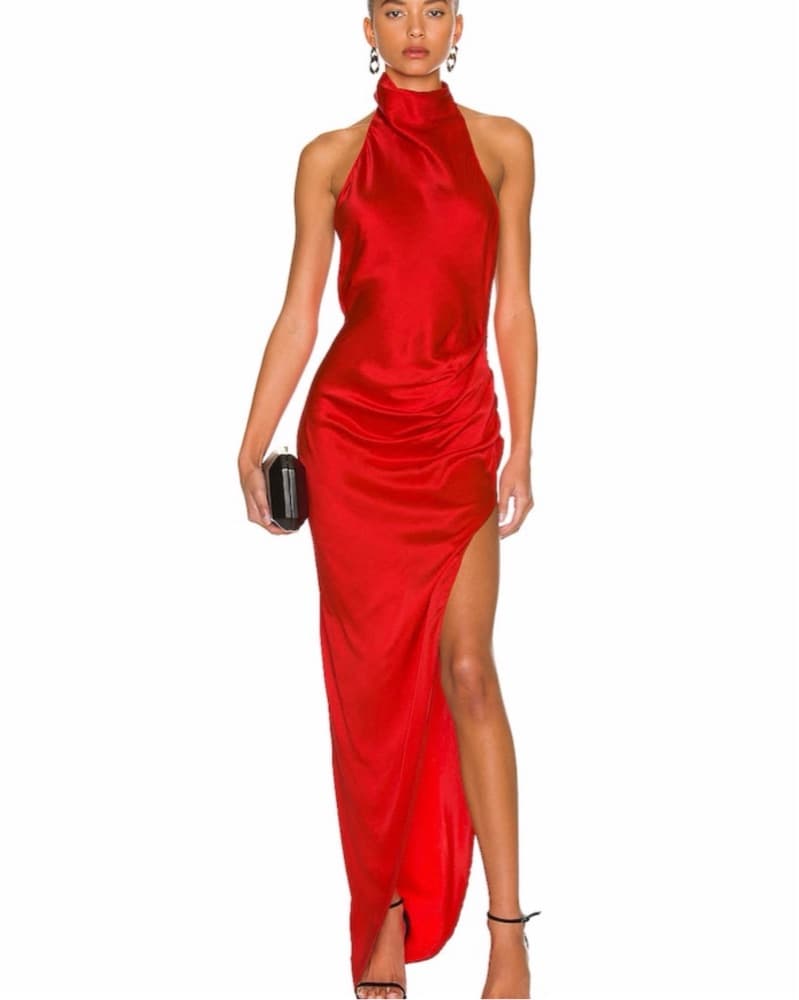 Red Halter Silk Dress Wide Side Slit  - Image 1