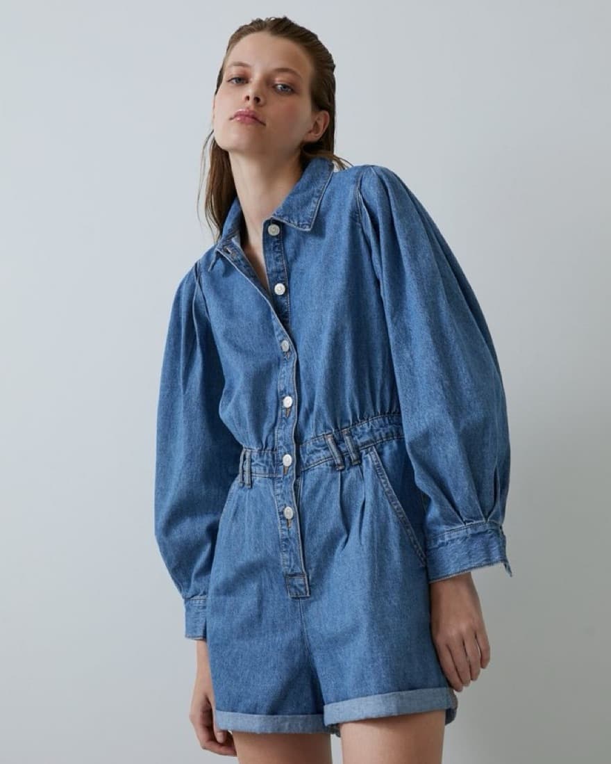 Zara Denim Puff Sleeve Romper - Image 1