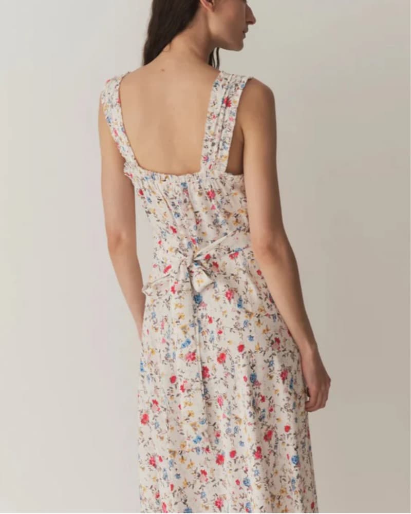 DOEN Ascella Blanc White Flowering Floral Meadow Square Neck Tie Midi Dress - Image 2