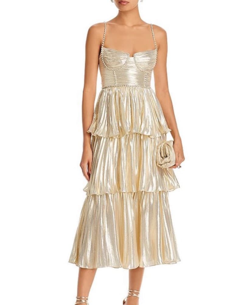 Self Portrait Gold Metallic Tiered Midi  - Image 1