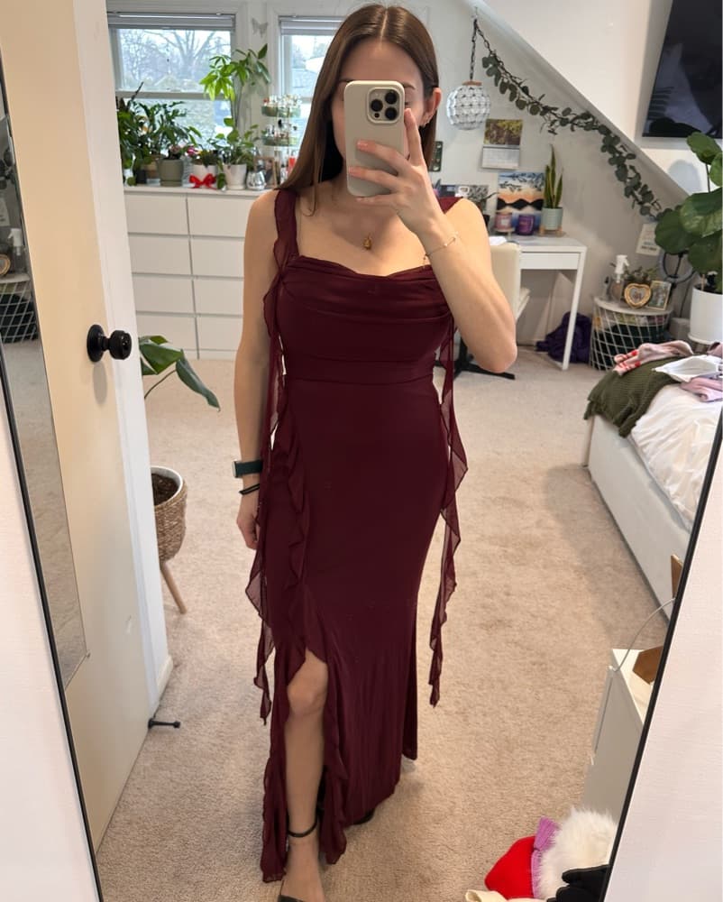 Blushing Ruffle Trim Maxi Dress - Wine - Image 1