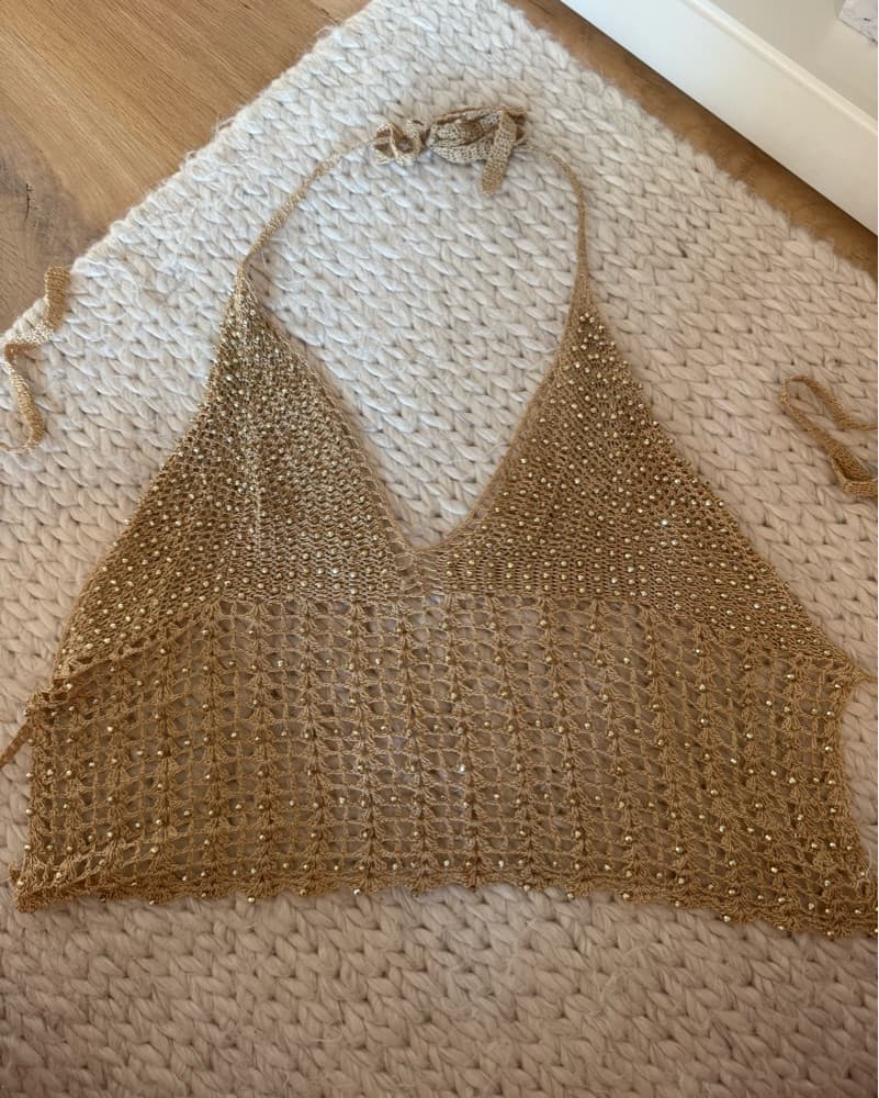 Gold Sequin Crochet Halter Top - Image 2