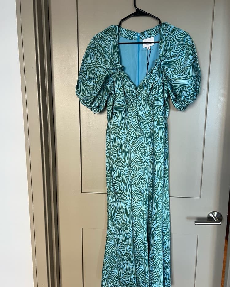 Blue & Green Pattern Puff Shoulder Dress - Image 1
