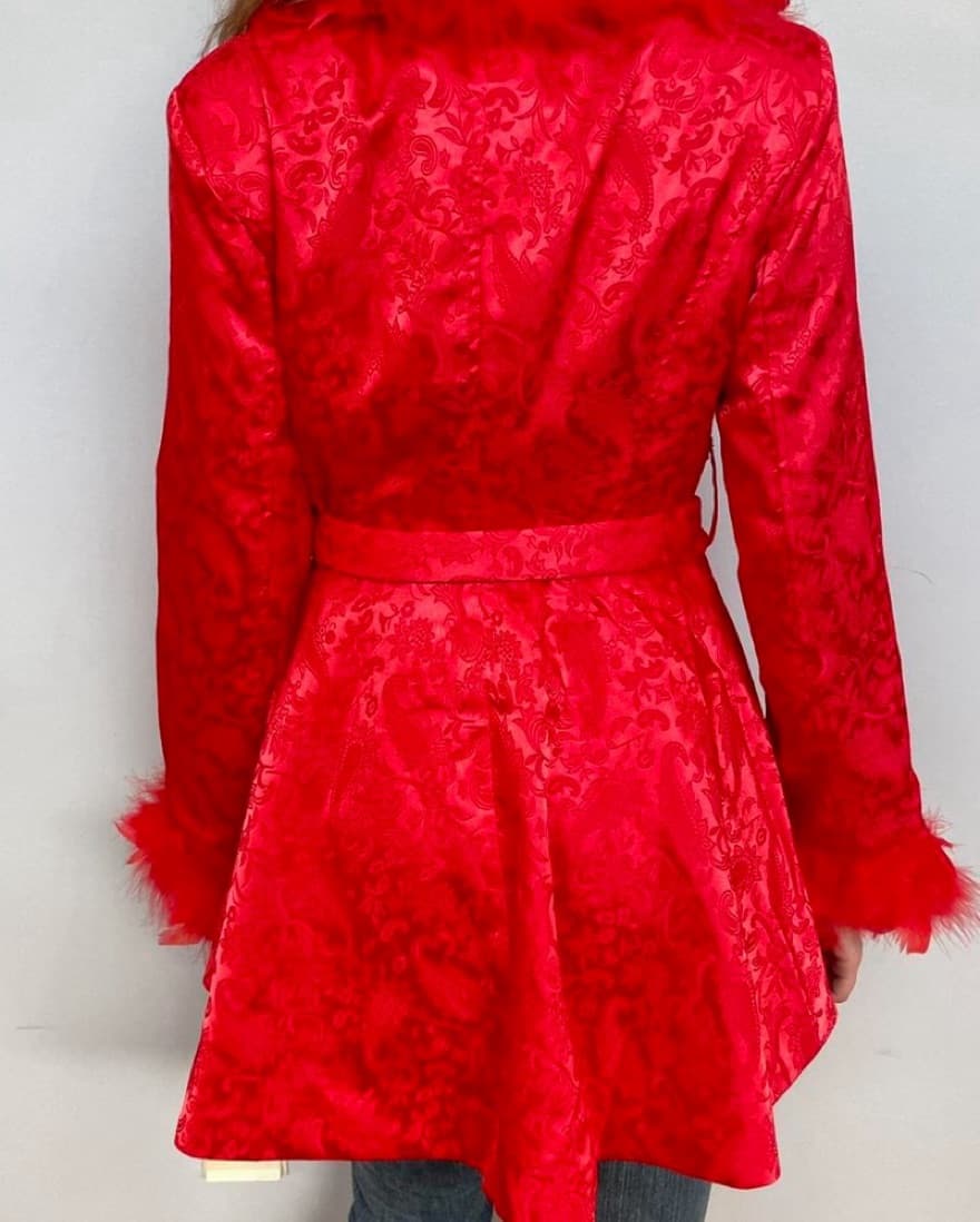 Dolls Kill Red Brocade Coat FauxFur Trim - Image 6