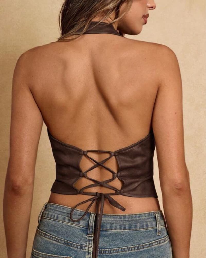 Chocolate Brown Faux Leather Halter Top - Image 2