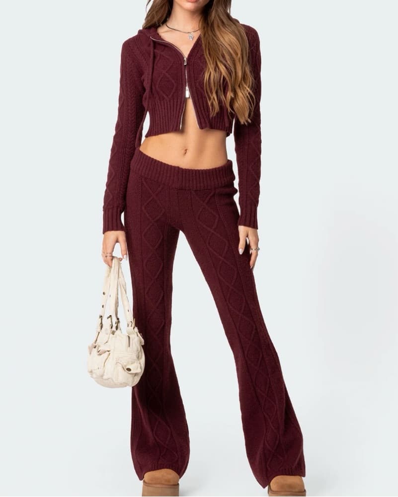 Cable Knit Flared Pants Burgundy - Image 1