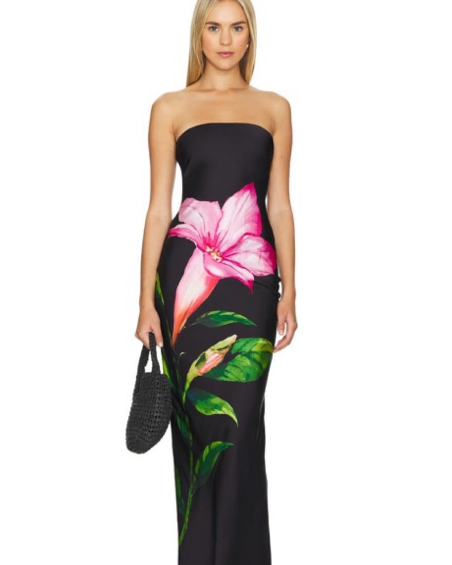 Strapless Black Dress With Flower Detail - Image 1
