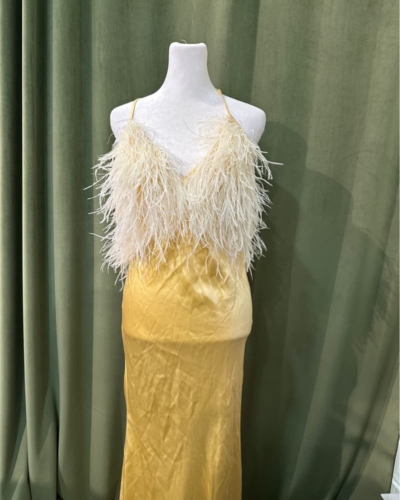 Elegant Feather-Trimmed Gold Gown - Image 3