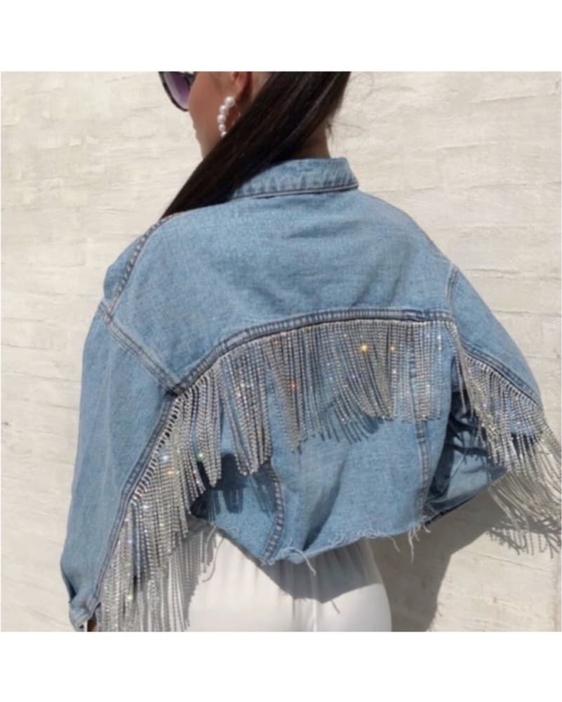 Embellished Denim Jacket with Sparkling Fringe - Image 2
