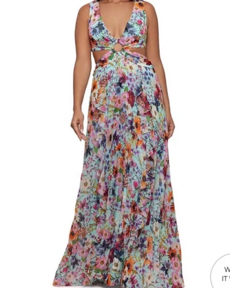 Vibrant Floral Cutout Maxi Dress - Image 1