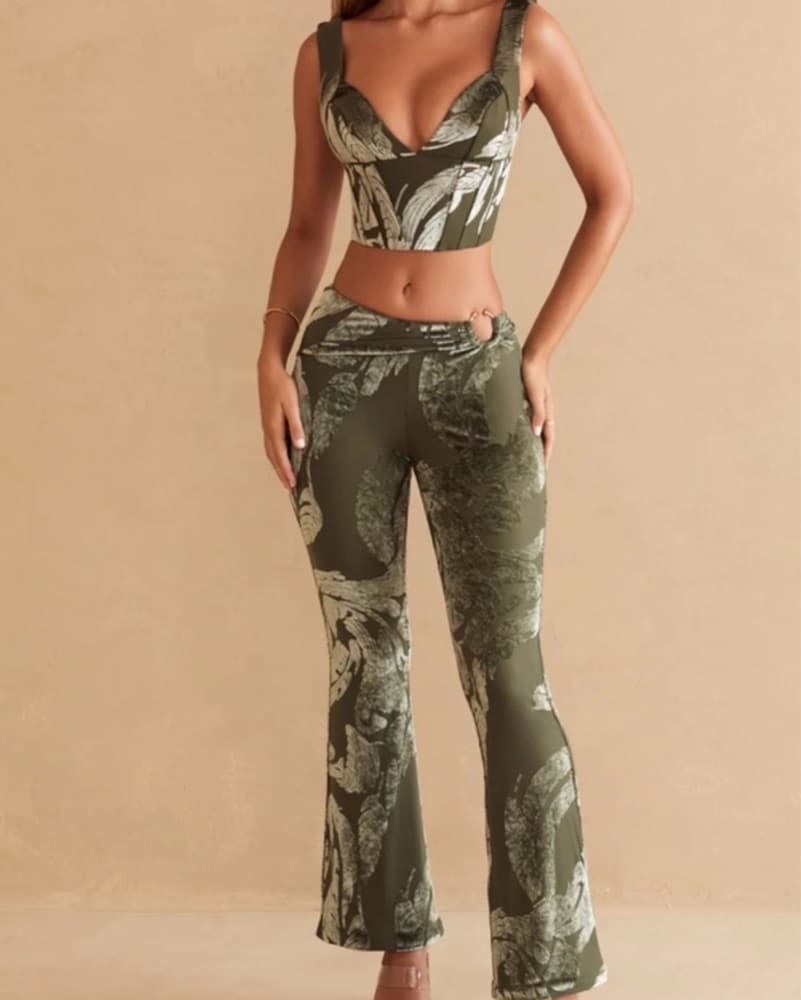 Ring Detail Trouser Set (Olive Print) - Image 1