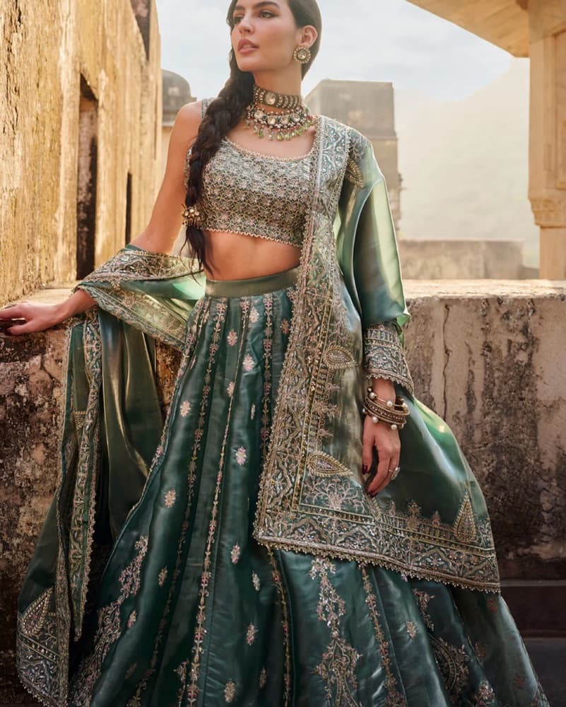 Green and Gold  Indian Lehenga - Image 4