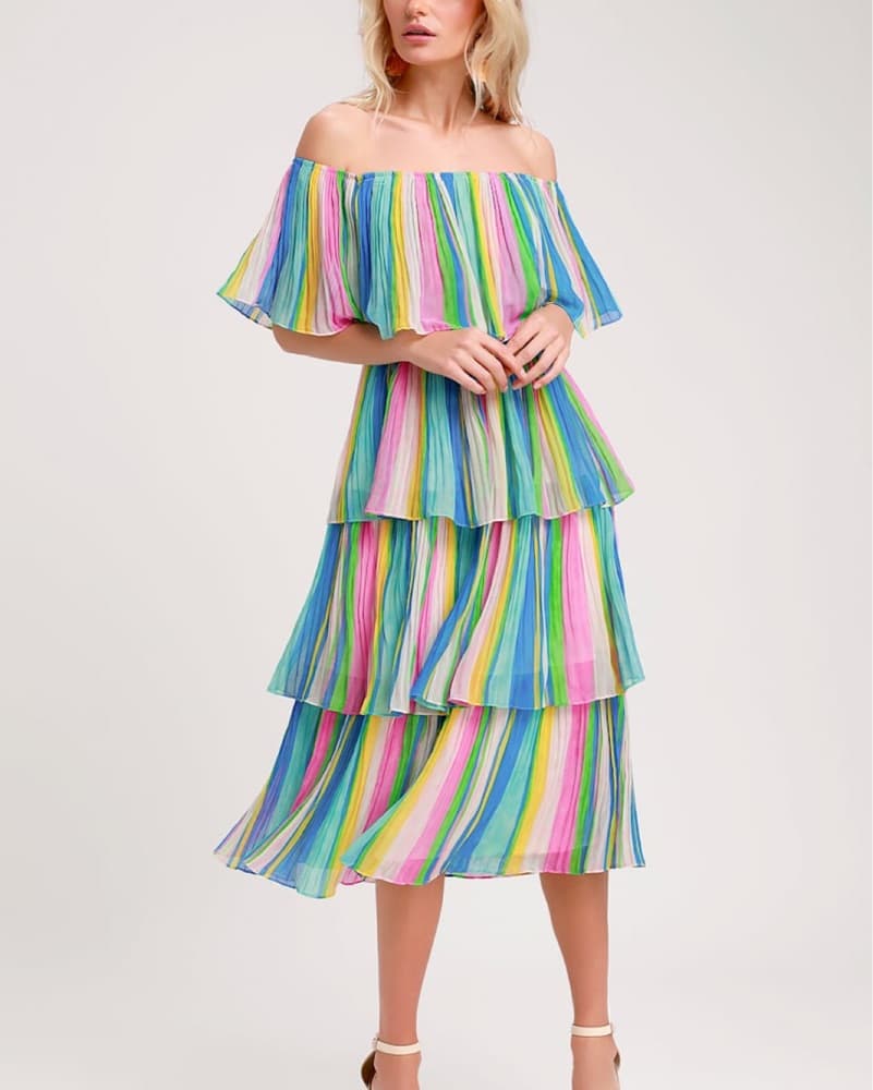 Lulus Georgette Stripe Ruffle Midi Dress - Image 1