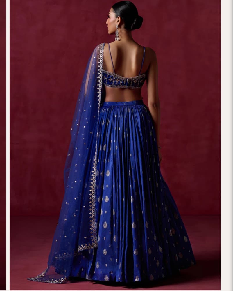 Royal Blue Embroidered Brocade Lehenga - Image 5
