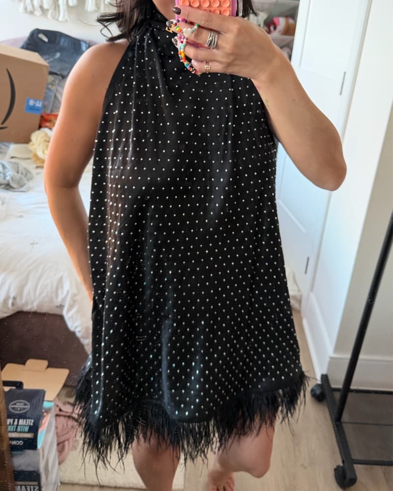 Black Feather Hem Rhinestone Mini Dress  - Image 5