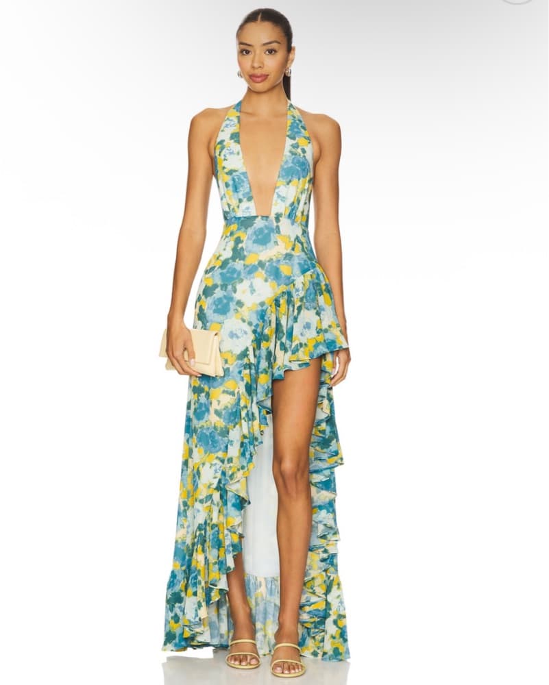 Deep V Floral Asymetric Gown  - Image 1