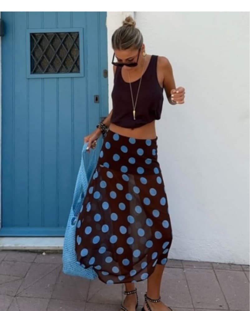 Sheer Brown Blue Polka Dot Midi Skirt - Image 1