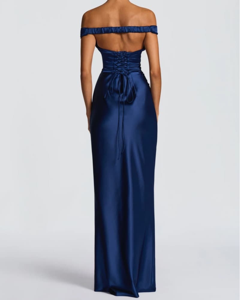 Elegant Navy Blue Off-Shoulder Gown - Image 4