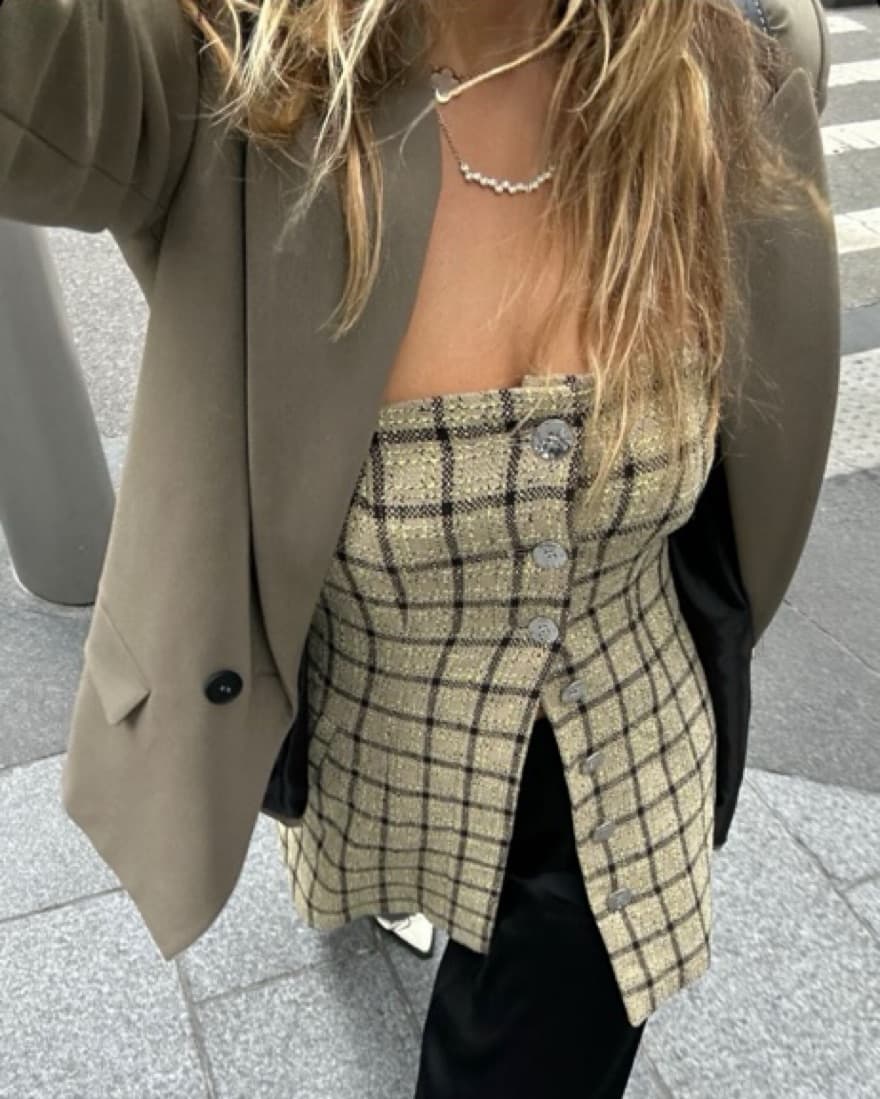 Ganni Strapless Plaid Check Top - Image 1