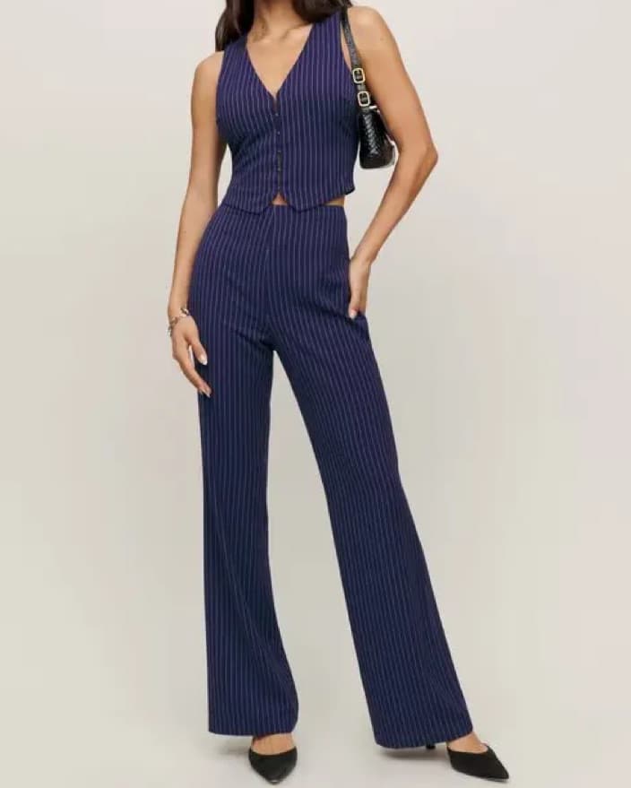 Reformation Navy Blue Stripe Pant Set work office - Image 1