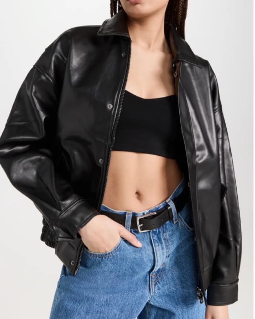 Oversized black leather bomber - Image 1