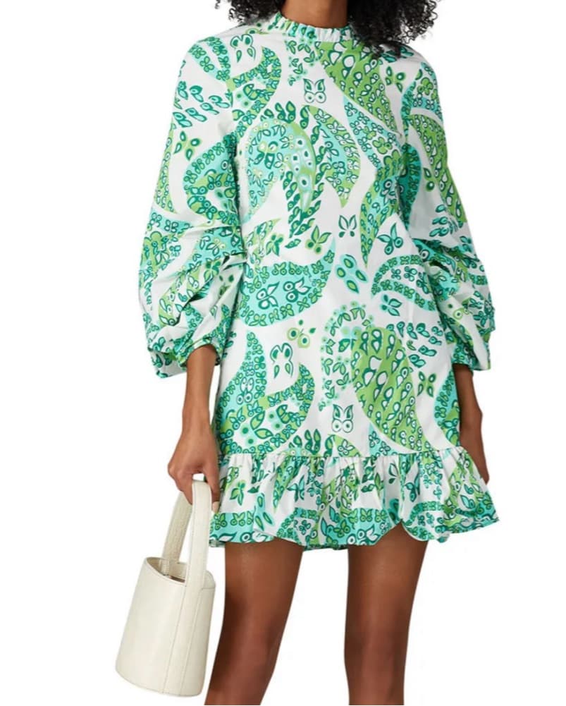 Vibrant Green Floral Puff Sleeve Dress - Image 1