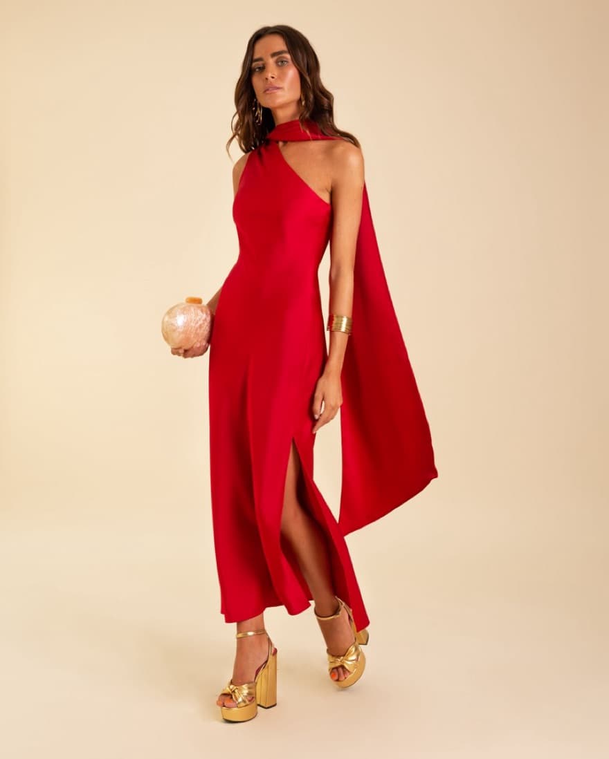 Asymmetrical Red Midi Dress - Image 1