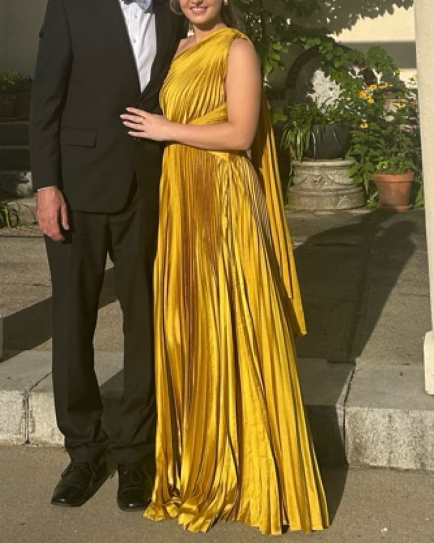 Yellow One Shoulder Pleated Gown - Image 1