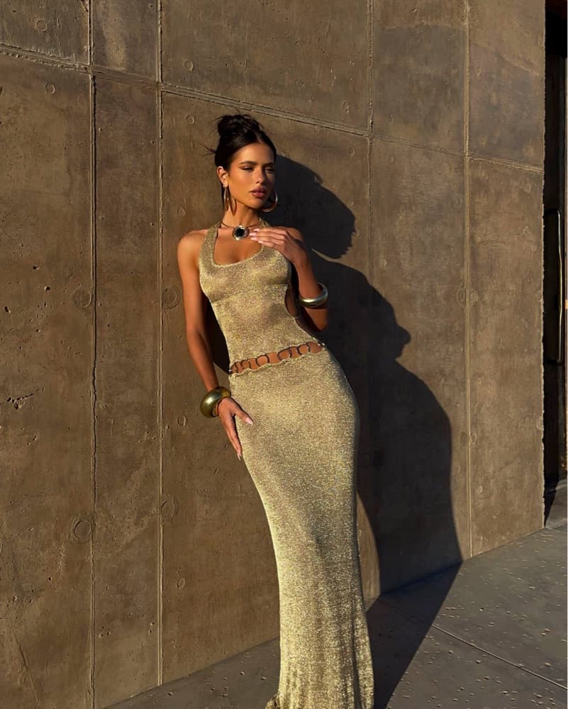 Outcast Carmen Maxi Gold Shimmer Dress - Image 1