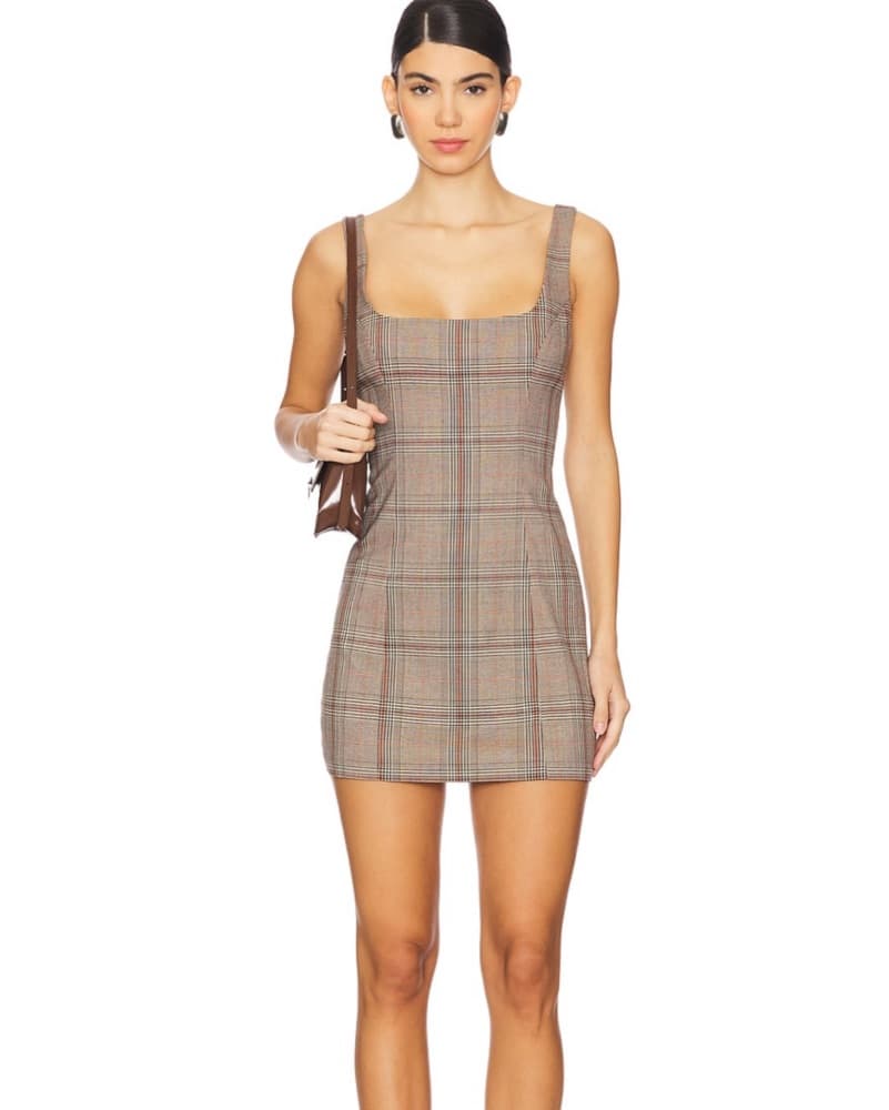 Taupe Plaid Mini Dress - Image 1