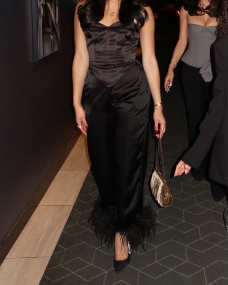 Satin Pants With Feather Trim - Image 1
