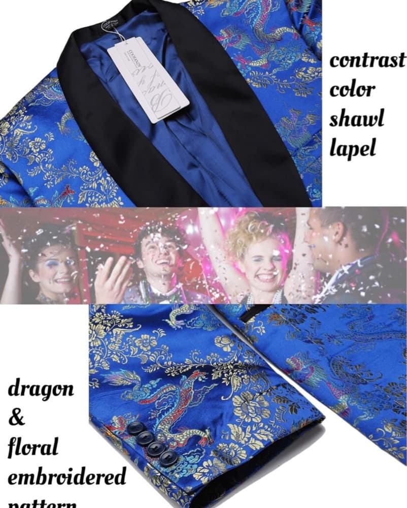 Exquisite Blue Floral Embroidered Tuxedo Jacket - Image 5