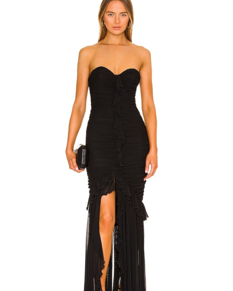 Majorelle Black Ruched Strapless Maxi Dress - Image 1