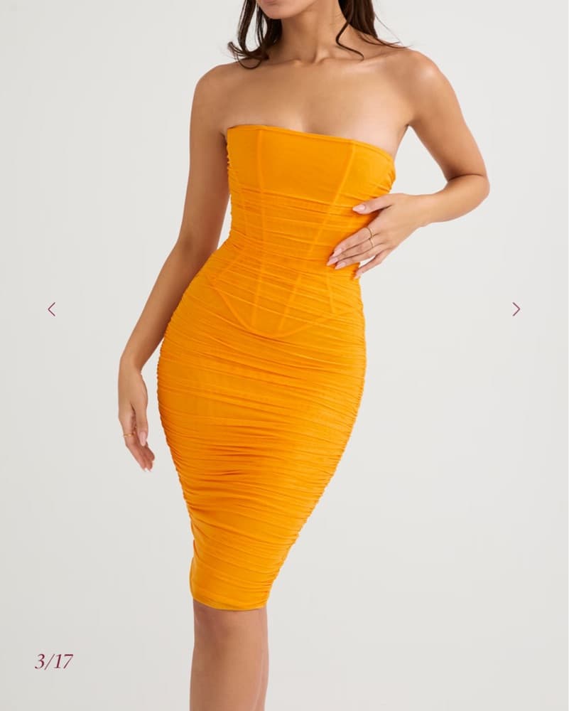 JULIANNA Tangerine Strapless Ruched Midi - Image 1