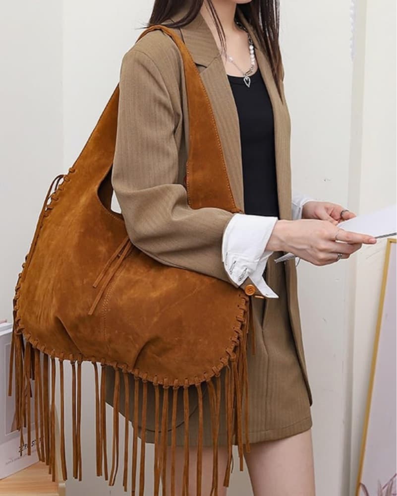 Chic Suede Fringe Hobo Bag - Image 2
