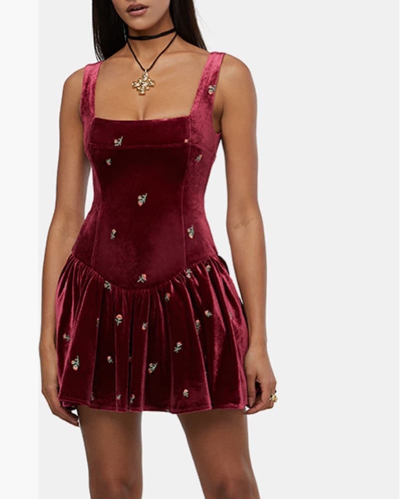 Burdgundy velvet drop waist mini dress - Image 1