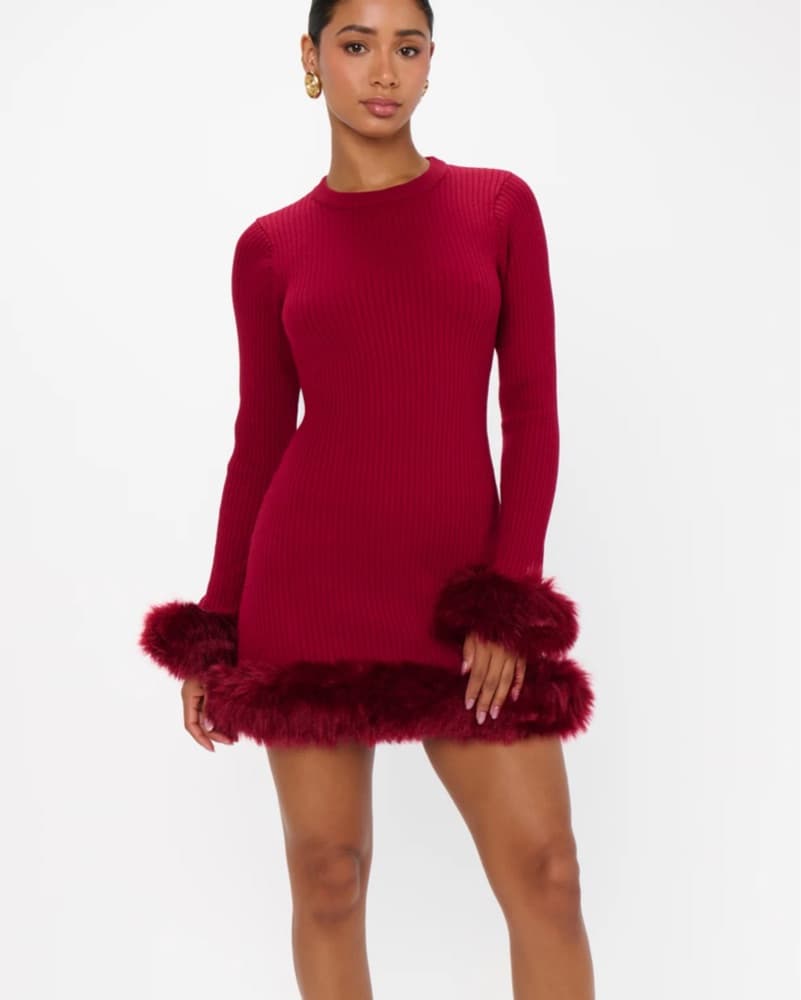 Red Faux Fur-Trimmed Sweater Dress - Image 3