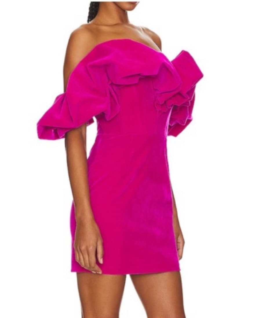 Hot Pink Velvet Puff Sleeve Mini Dress  - Image 2