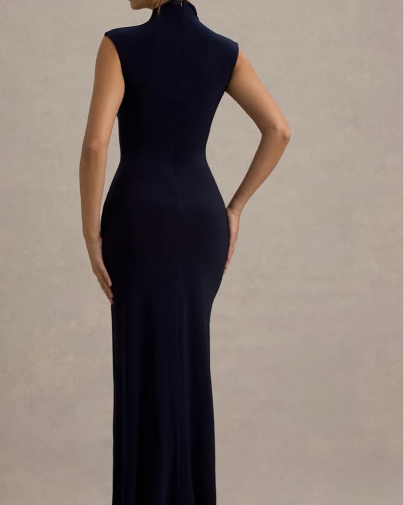 Navy Ruched High-Neck Gown  - Image 4