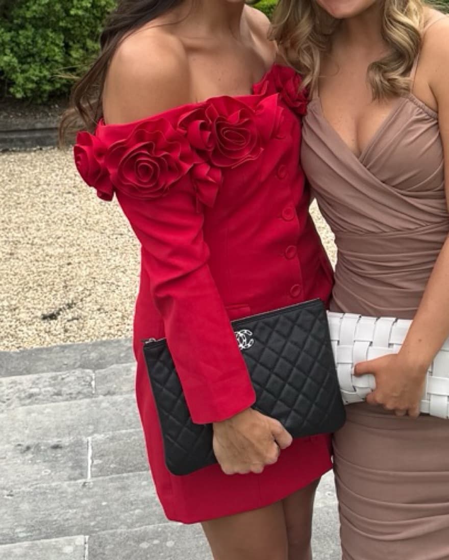 Red Rosette Off Shoulder Dress - Image 3