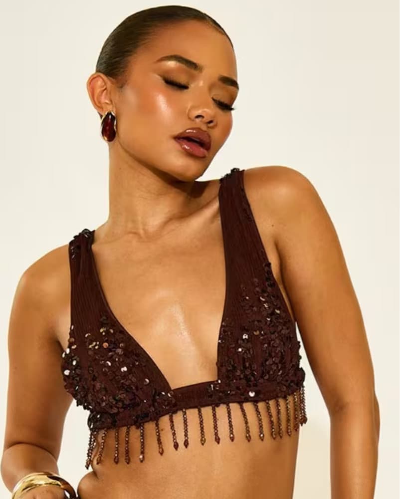 Brown Sequin Beaded Bikino Top - Image 1